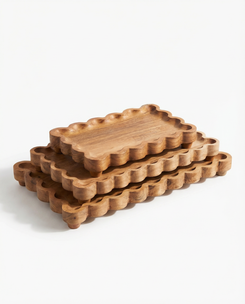 handcrafted wooden scalloped serving tray