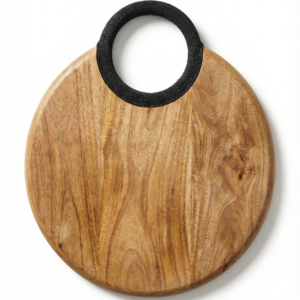 round wooden serving board with handle