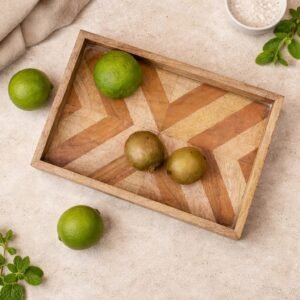 Handcrafted geometric wooden serving tray for dining table, decorative wooden tray for serving tea, coffee, and snacks