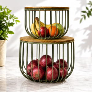 BAUZINI nesting wire storage basket set with mango wood lid on kitchen counter, stacked with fresh fruit