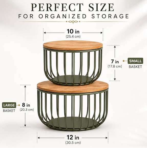 Size chart for nesting wire storage basket set - small basket 10 inch and large basket 12 inch