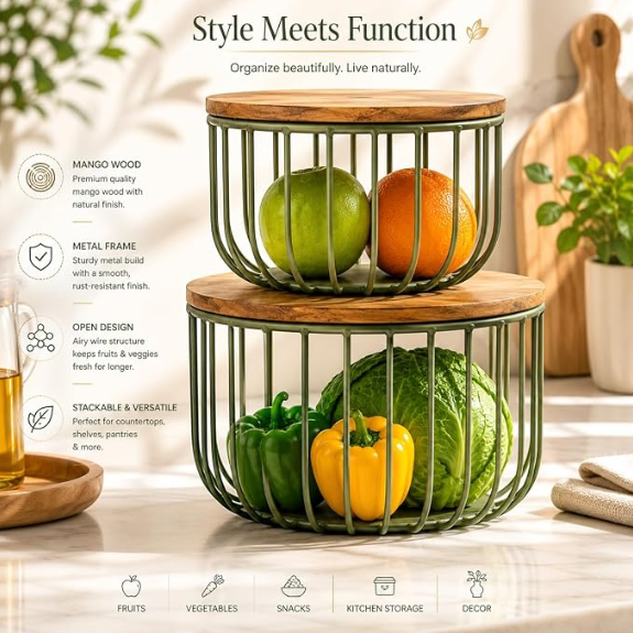 Nesting wire storage basket set with mango wood lid holding fresh vegetables on a kitchen counter