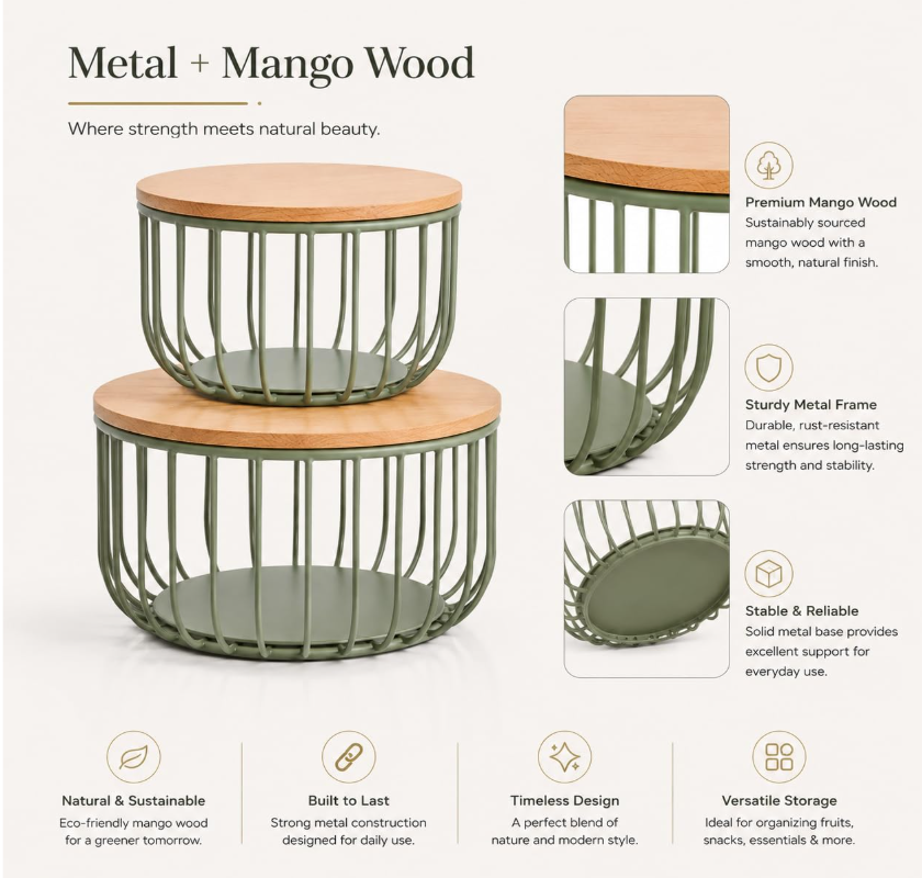 Close-up of nesting wire storage basket set showing rust-resistant metal frame and mango wood lid
